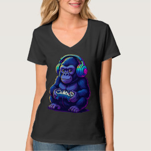 ヘッドホンを付けたゴリラ — ネオンのゲーミングビジュアル Tシャツ