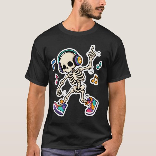 ヘッドホンを付けたダンシングスケルトン Tシャツ (正面)