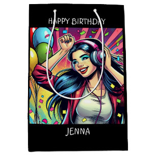 ヘッドホンを付けたポップアートの女性の誕生日グッズ ミディアムペーパーバッグ