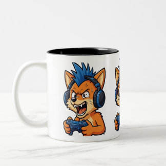 ヘッドホンを付けた怒ったゲーマーキツネの面白いマグカップ ツートーンマグカップ