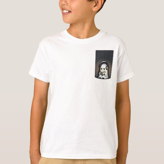 ヘッドホンを付け本を読む幽霊の子供用デザイン Tシャツ (正面)