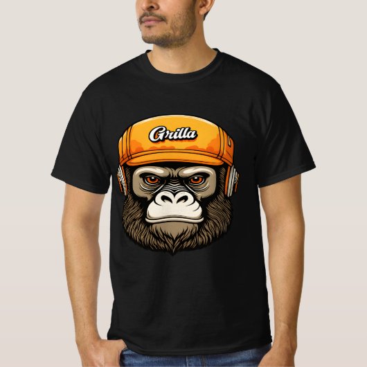 ヘッドホンを着けたゴリラ 楽しい Tシャツ (正面)