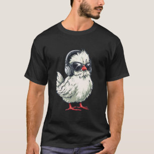 ヘッドホンを着けたシルキー鶏 かわいい鶏好き Tシャツ