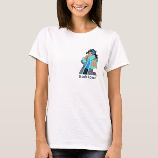 ヘッドホンを着けた女の子 音楽好き Tシャツ (正面)