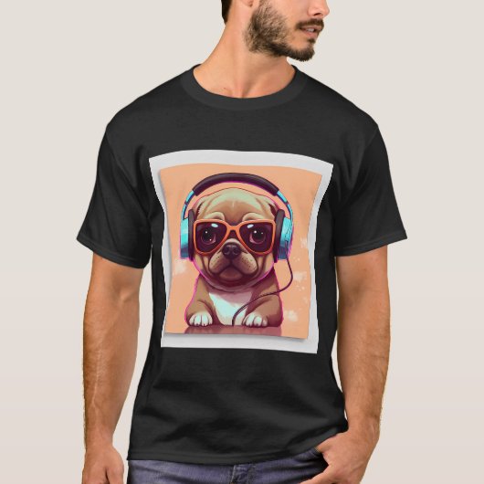 ヘッドホンを装着したパグ 3 Tシャツ (正面)