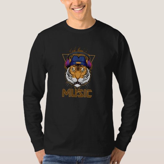 ヘッドホンロック顔クール付きタイガー大きな猫 Tシャツ (正面)