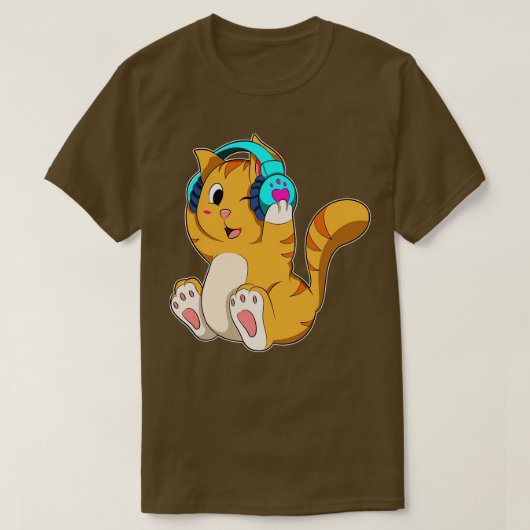 ヘッドホン付き猫音楽 Tシャツ (デザイン正面)