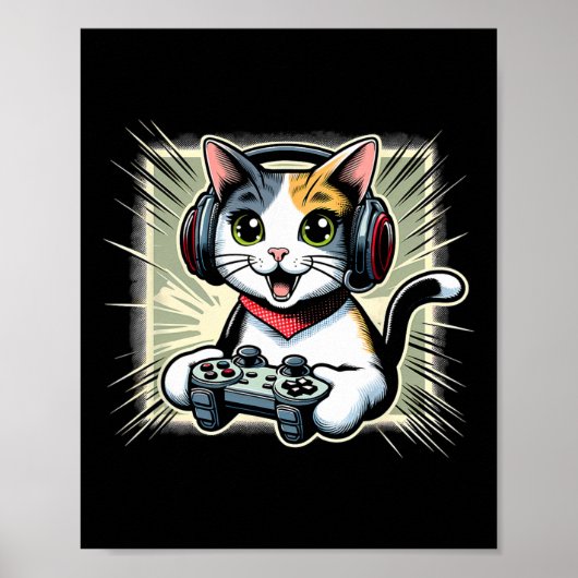 ヘッドホン ゲーム 和猫 日本猫 ゲーミング ポスター (正面)