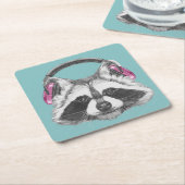 ヘッドホーンのアライグマ スクエアペーパーコースター (アングル)