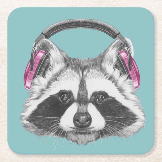 ヘッドホーンのアライグマ スクエアペーパーコースター (正面)