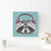 ヘッドホーンのアライグマ スクエア壁時計 (ホーム)