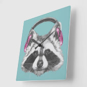 ヘッドホーンのアライグマ スクエア壁時計 (傾斜)