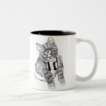 ヘッドホーンのイラストレーションのおもしろいで黒く及び白い猫