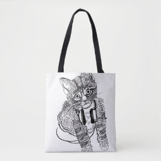 ヘッドホーンのイラストレーションのおもしろいで黒く及び白い猫 トートバッグ