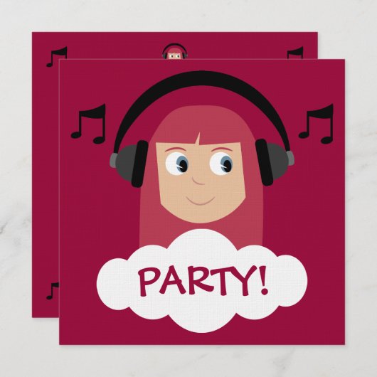 ヘッドホーンの赤くカスタムなパーティーを持つファンキーな女の子DJ 招待状 (正面/裏面)