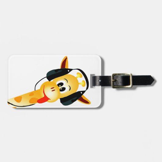 ヘッドホーンを持つおもしろいなキリン ラゲッジタグ (正面横)