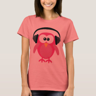 ヘッドホーンを持つかわいいピンクのフクロウDJ Tシャツ