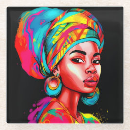 ヘッドラップ鮮やか付きカラフルポートレート ガラスコースター
