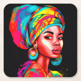 ヘッドラップ鮮やか付きカラフルポートレート スクエアペーパーコースター