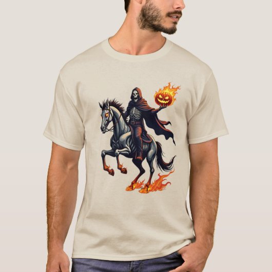 ヘッドレススケリーの馬の男を燃やす死神の影 Tシャツ (正面)