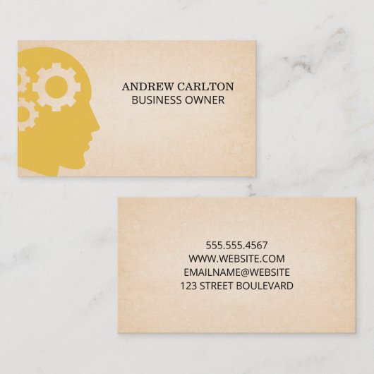ヘッド紙テクスチャのバックグラウンドでのギア 名刺 (正面/裏面)
