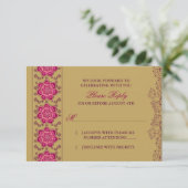 ヘナレーズインピンク金ゴールドインディアン結婚式RSVP返信 出欠カード (スタンド正面)