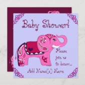 ヘナ象（ピンク/紫） （ベビーシャワー） 招待状 (正面/裏面)