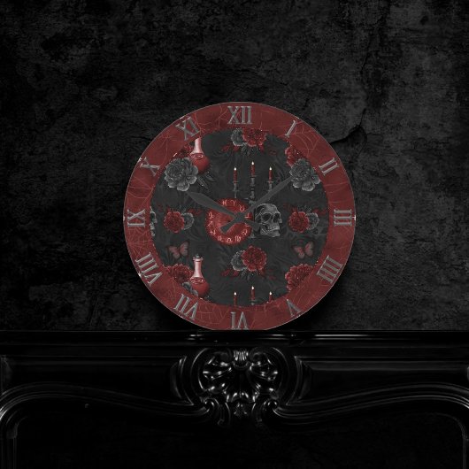 ヘナ〔占星術の〕十二宮図魔法 |赤ゴシックスカルバラ ラウンド壁時計
