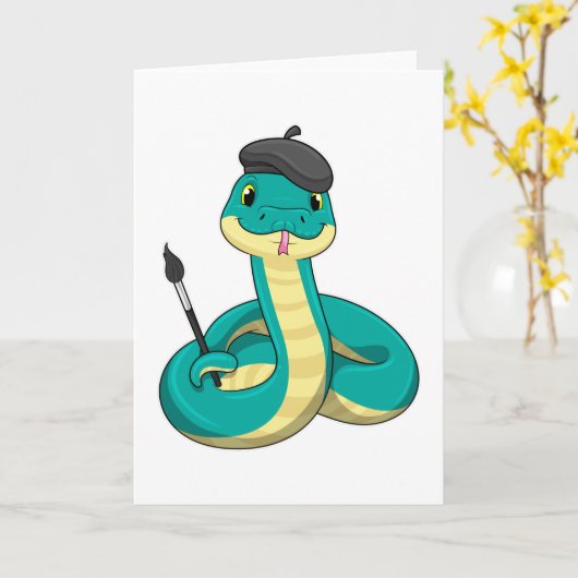 ヘビが画家になってペンキの筆を持っている カード (黄色い花)