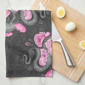 ヘビとピンクのバラ キッチンタオル (四つ折り)