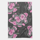ヘビとピンクのバラ キッチンタオル (縦)