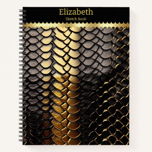 ヘビの皮膚の黒と金ゴールドの印象的なパターン ノートブック (正面)