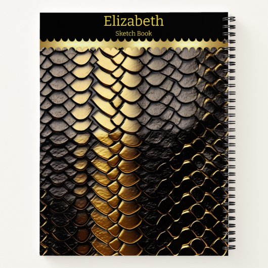 ヘビの皮膚の黒と金ゴールドの印象的なパターン ノートブック (裏面)