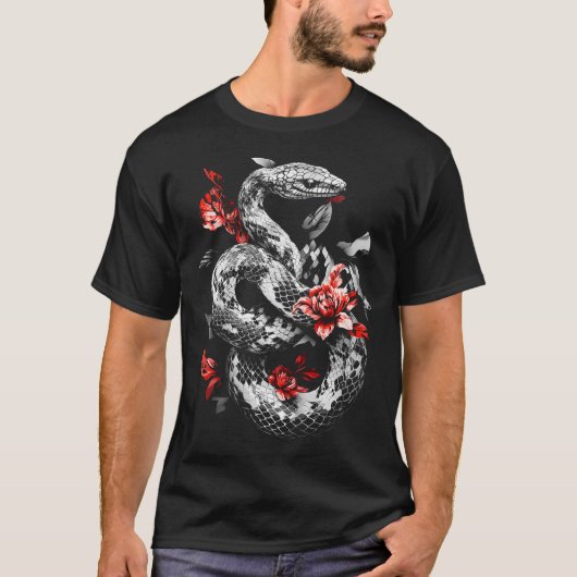 ヘビの花のドローイングモチーフ 動物好きのためのアート Tシャツ (正面)
