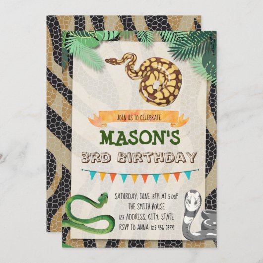 ヘビの誕生日のパーティの招待状 招待状 (正面/裏面)
