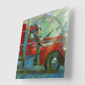 ヘビートランスポートレッドトラックアートウォールクロック スクエア壁時計 (傾斜)