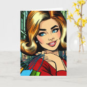 ヘビーフェスティーレトロアポップ・アートのート漫画ショッピングガール カード (黄色い花)