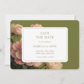 ヘビーホワイト | オリーブグリーンヴィンテージ結婚バラ 招待状 (正面)