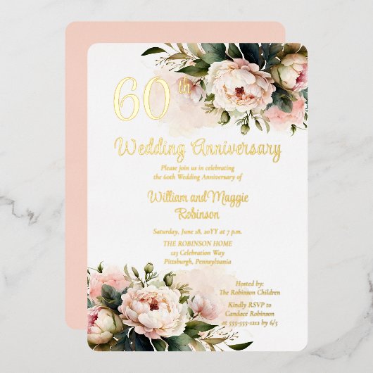 ヘビーホワイト |ピンクプー結婚ニー60周年記念パーティー 箔招待状 (正面/裏面)