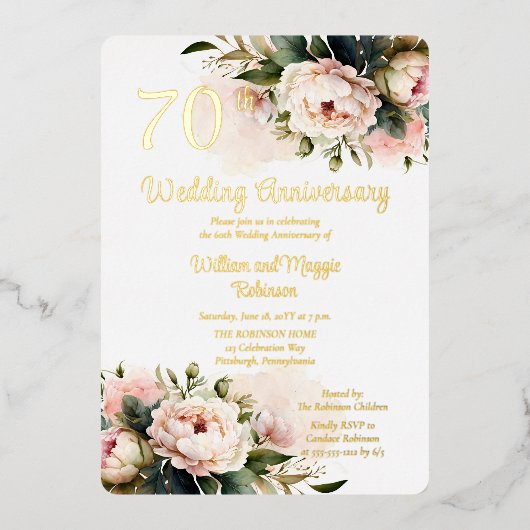 ヘビーホワイト |ピンクプー結婚ニー70周年記念パーティー 箔招待状 (正面)