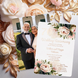 ヘビーホワイト ピンクプー結婚ニー70周年記念パーティー 箔招待状