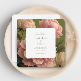 ヘビーホワイト | ヴィンテージオリーブ&バラ結婚式招待状 招待状