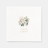 ヘビーホワイト |水彩フローラの葉とカップルの名前 スタンダードカクテルナプキン (正面)