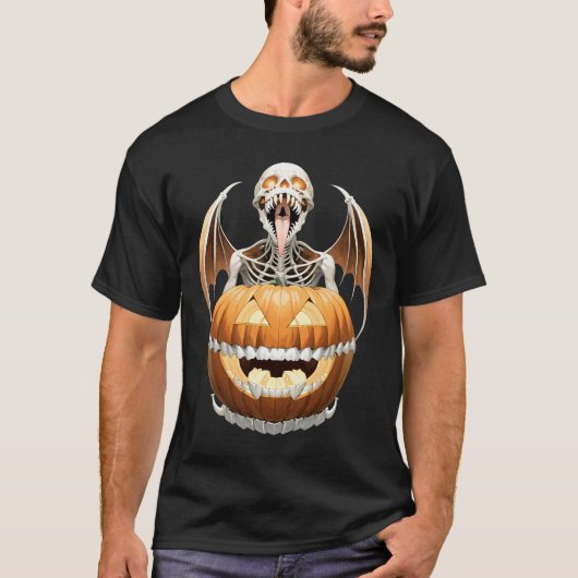 ヘビーメタル骨格とスカルハロウィンアート Tシャツ (正面)