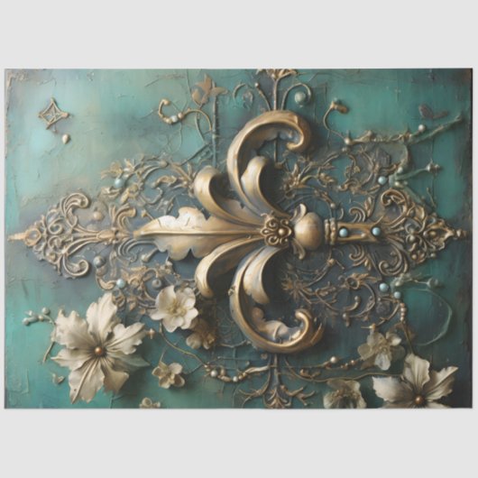 ヘビー金ゴールドバロックオーナメントエメラルドグリーンヴィンテージ 薄葉紙 (正面)