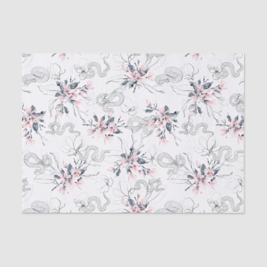 ヘビ及び抽象的な水彩画のピンクのミズキの花 薄葉紙 (正面)