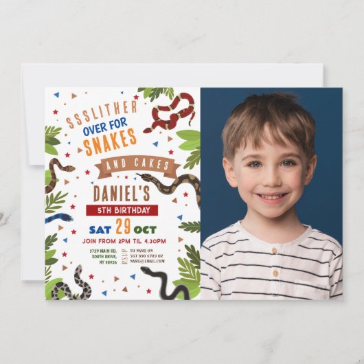 ヘビ誕生日パーティー爬虫類ジャングル写真 招待状 (正面)