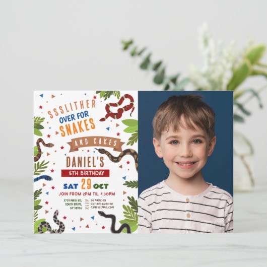 ヘビ誕生日パーティー爬虫類ジャングル写真 招待状 (スタンド正面)