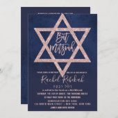 ヘブライバラ金ゴールドピンクネイビーブルースターバルミツワー 招待状 (正面/裏面)