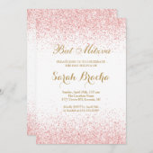 ヘブライ語と英語のバット・ミツヴァ ローズゴールド グリッター 招待状 (正面/裏面)